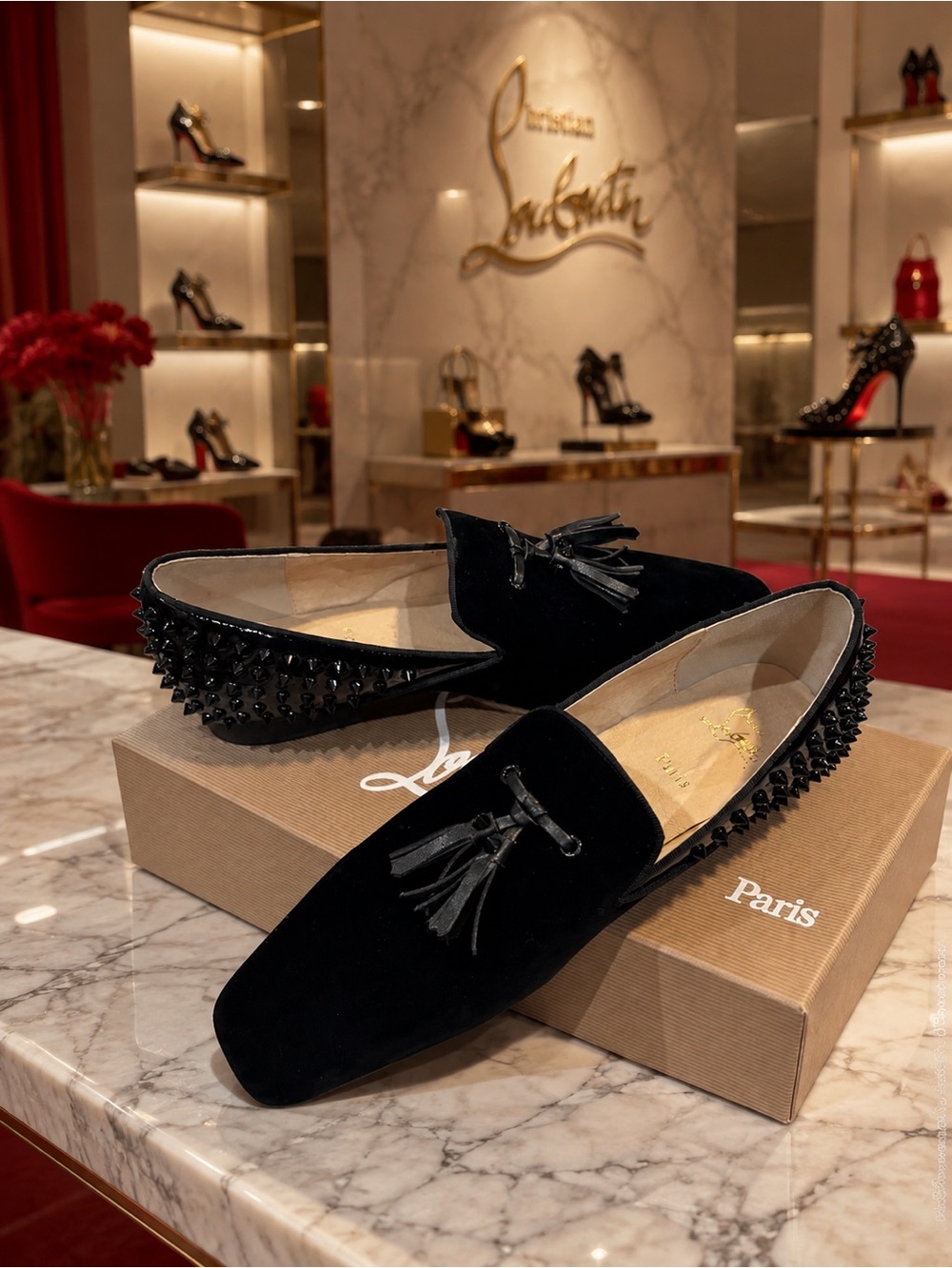 C.Louboutin Black Velvet Tassel Slip-On Loafers with Studded Heel *NEW